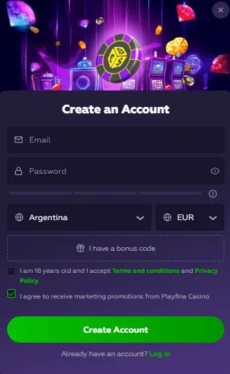 Playfina casino account registration form